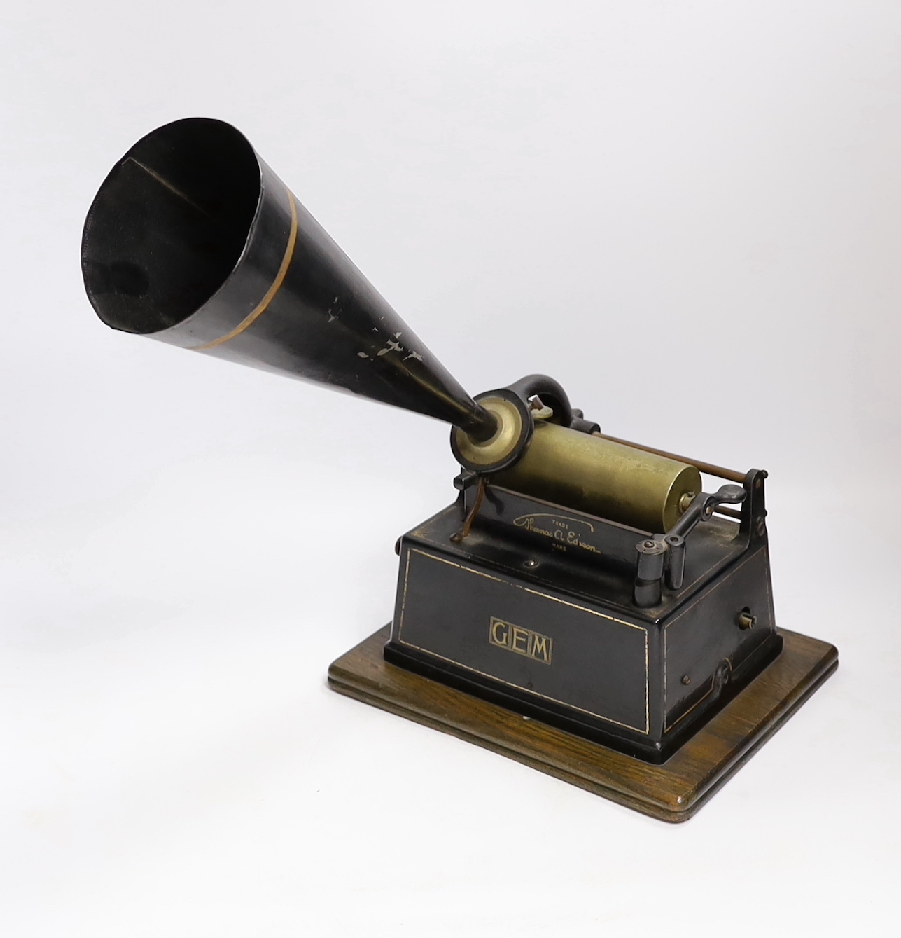 A cased Edison Gem phonograph with horn, case 20cm high